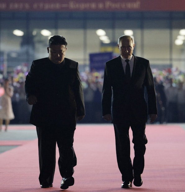 Vladimir Putin and Kim Jung Un on June 19, 2024 in Pyongyang, North Korea