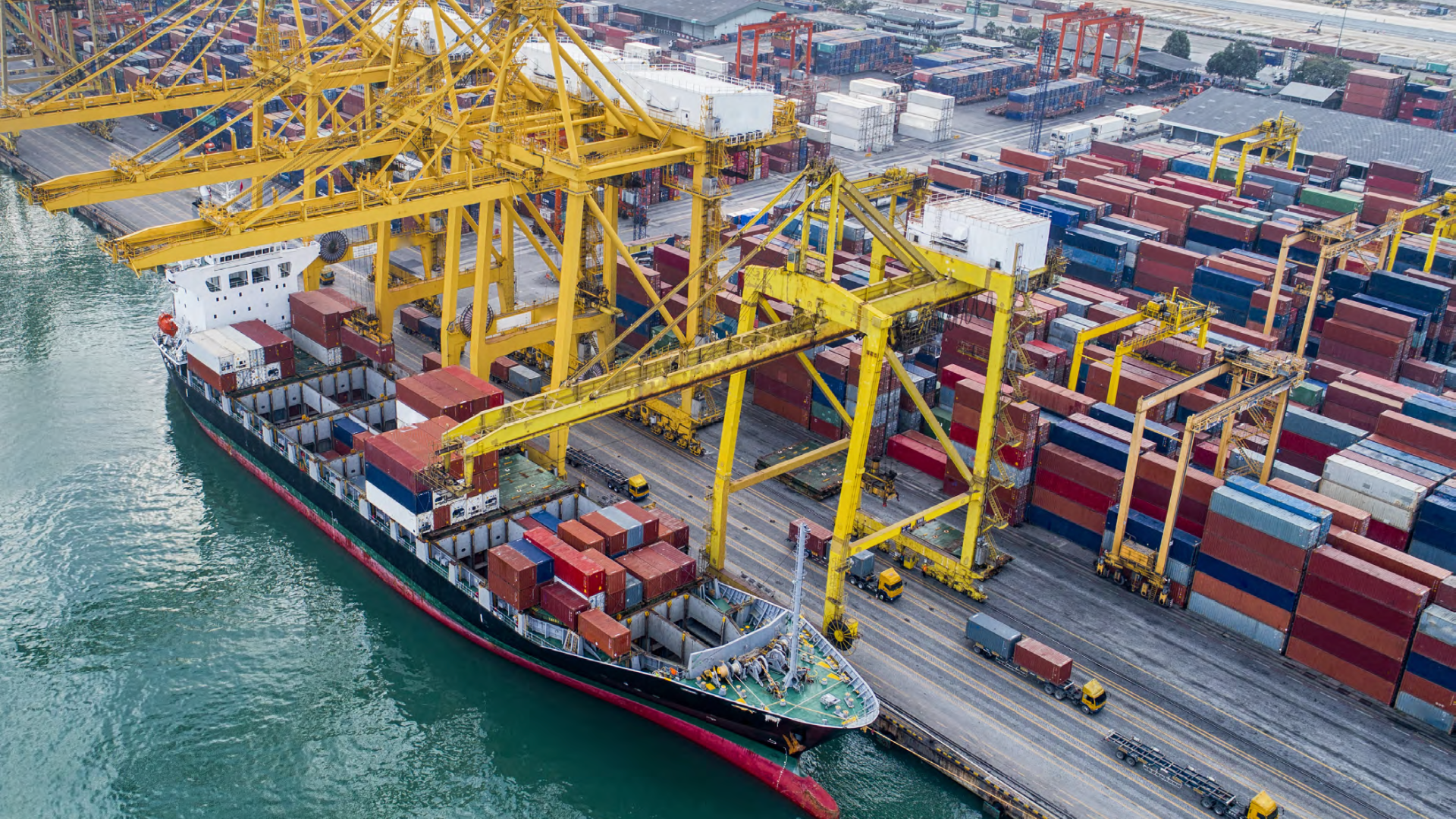 A cargo ship at an international port.