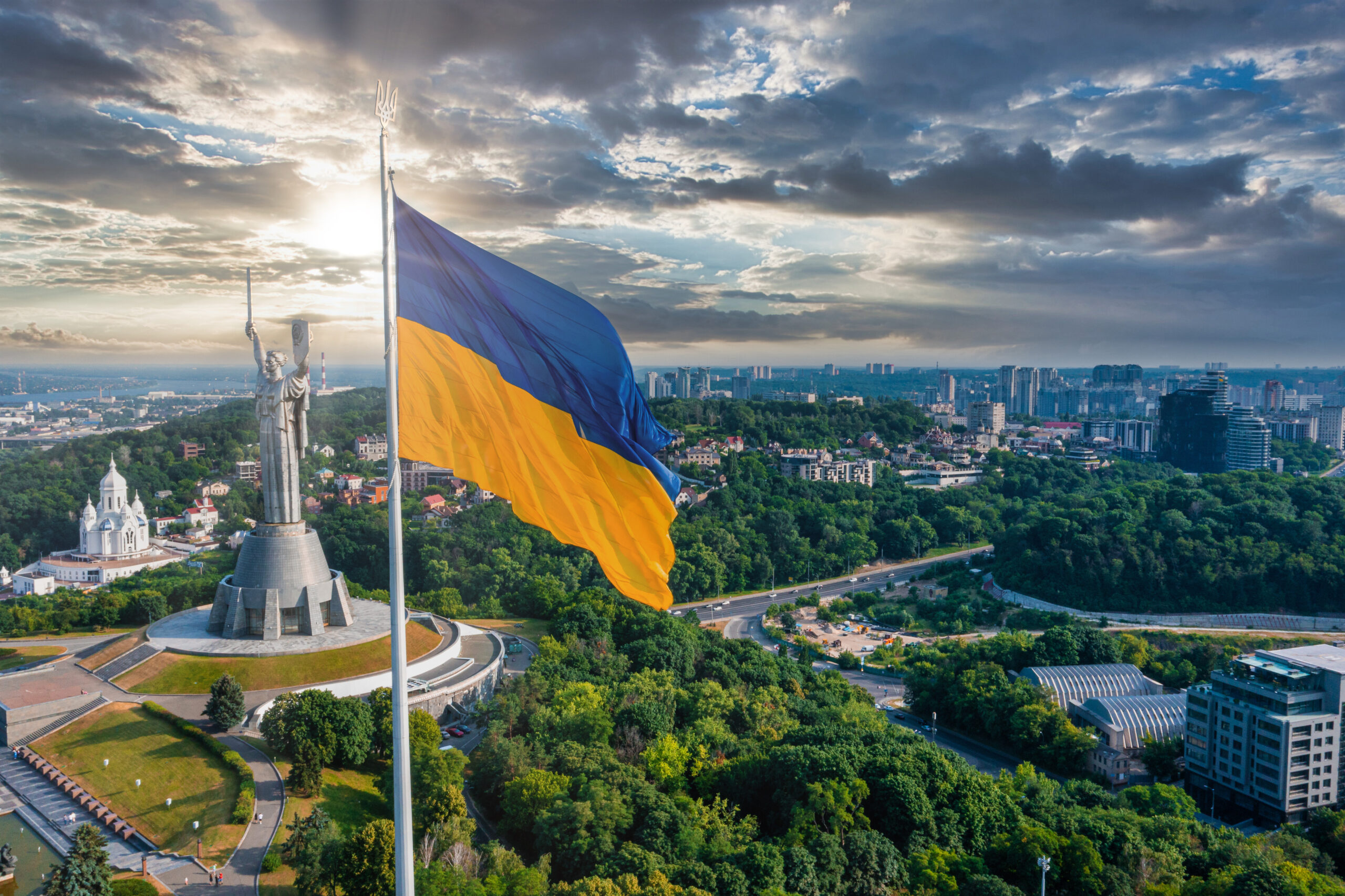 The Ukrainian flag flys over the capital.