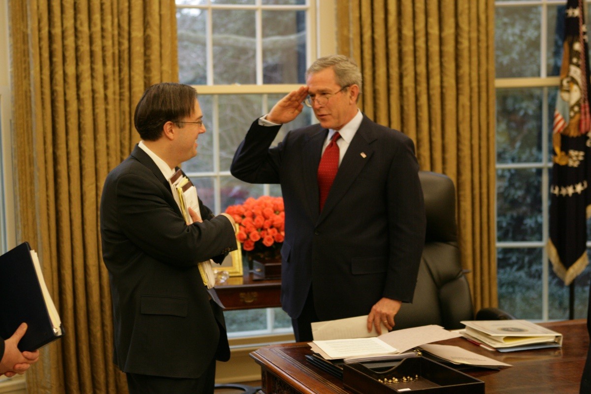 Mike Gerson with Presidential George W. Bush in the Oval Office.